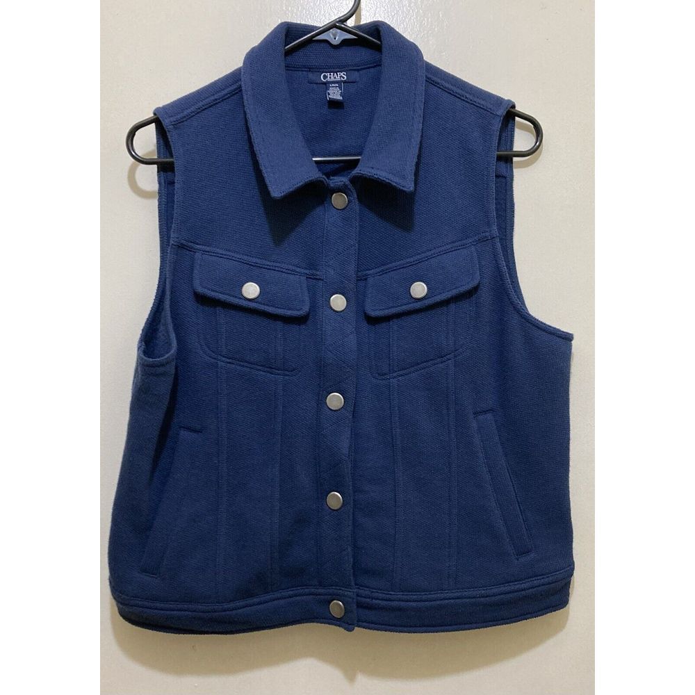 Chaps Women's Vest Size L Textured Blue Cotton‎ Blend Snap Up Front Pockets Top